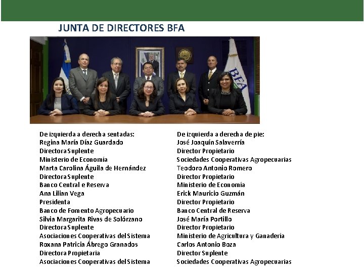 JUNTA DE DIRECTORES BFA De izquierda a derecha sentadas: Regina María Díaz Guardado Directora