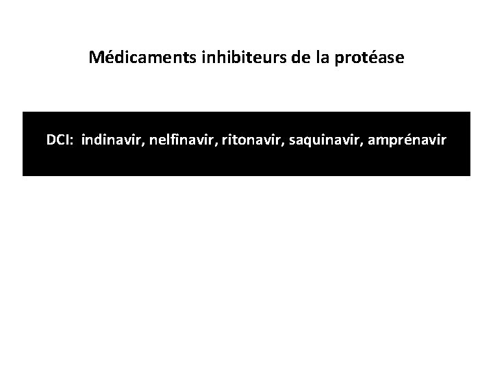 Médicaments inhibiteurs de la protéase DCI: indinavir, nelfinavir, ritonavir, saquinavir, amprénavir 