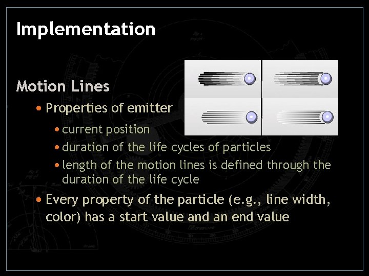 Implementation Motion Lines • Properties of emitter • current position • duration of the