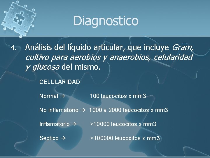 Diagnostico 4. Análisis del líquido articular, que incluye Gram, cultivo para aerobios y anaerobios,