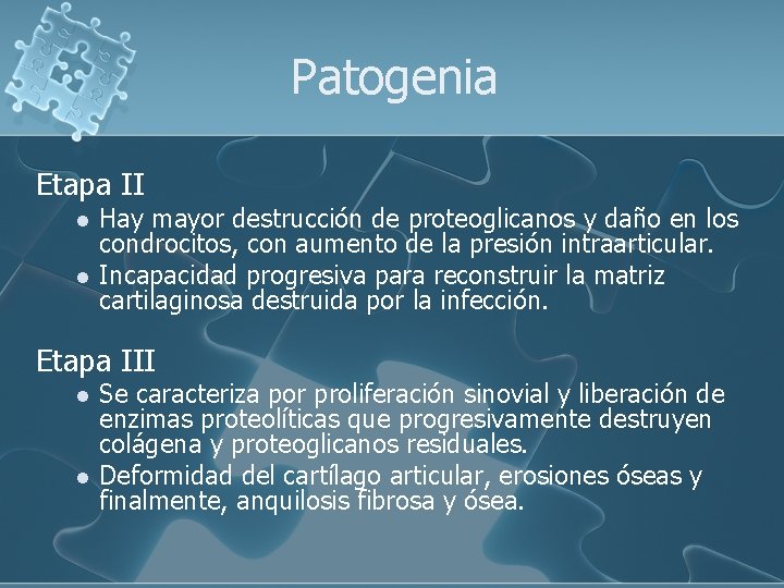 Patogenia Etapa II l l Hay mayor destrucción de proteoglicanos y daño en los