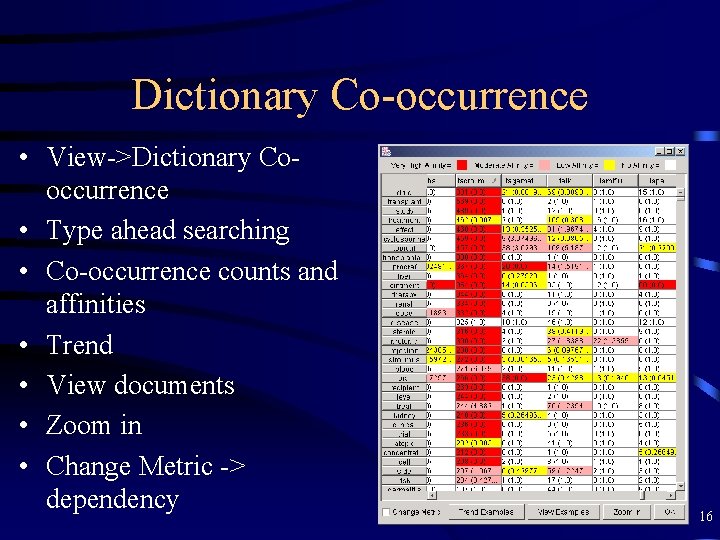 Dictionary Co-occurrence • View->Dictionary Cooccurrence • Type ahead searching • Co-occurrence counts and affinities