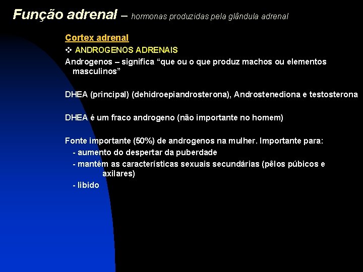 Função adrenal – hormonas produzidas pela glândula adrenal Cortex adrenal v ANDROGENOS ADRENAIS Androgenos