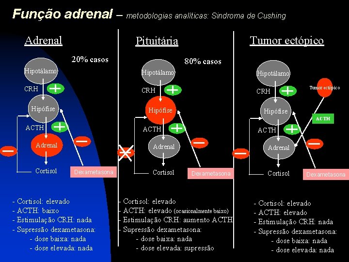 Função adrenal – metodologias analíticas: Sindroma de Cushing Adrenal Tumor ectópico Pituitária 20% casos
