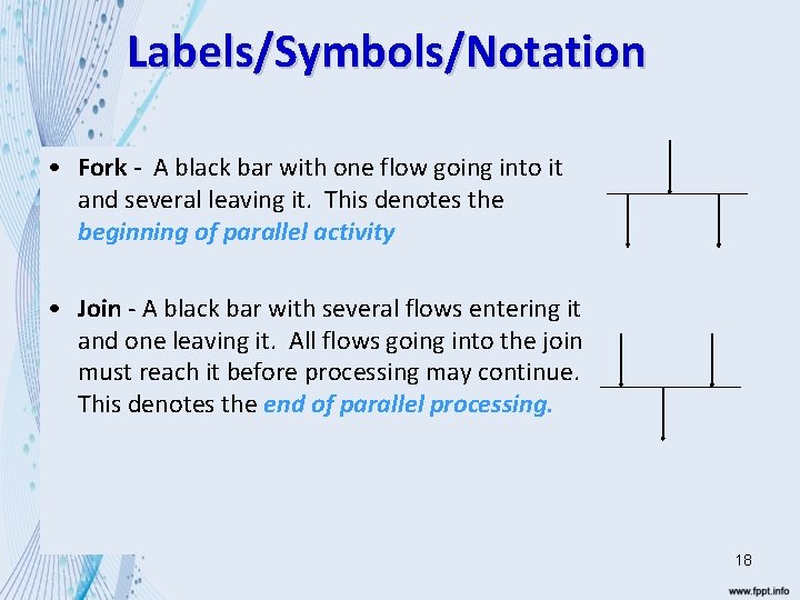 Labels/Symbols/Notation • Fork - A black bar with one flow going into it and