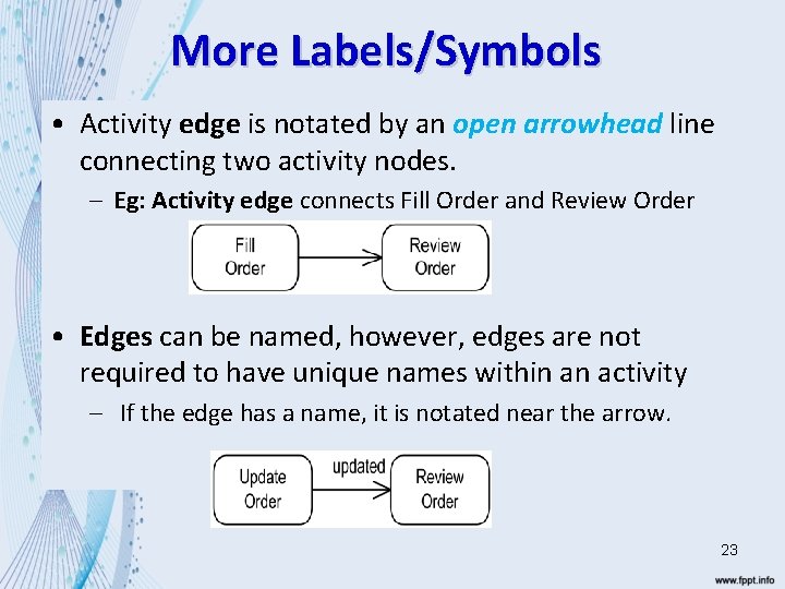 More Labels/Symbols • Activity edge is notated by an open arrowhead line connecting two