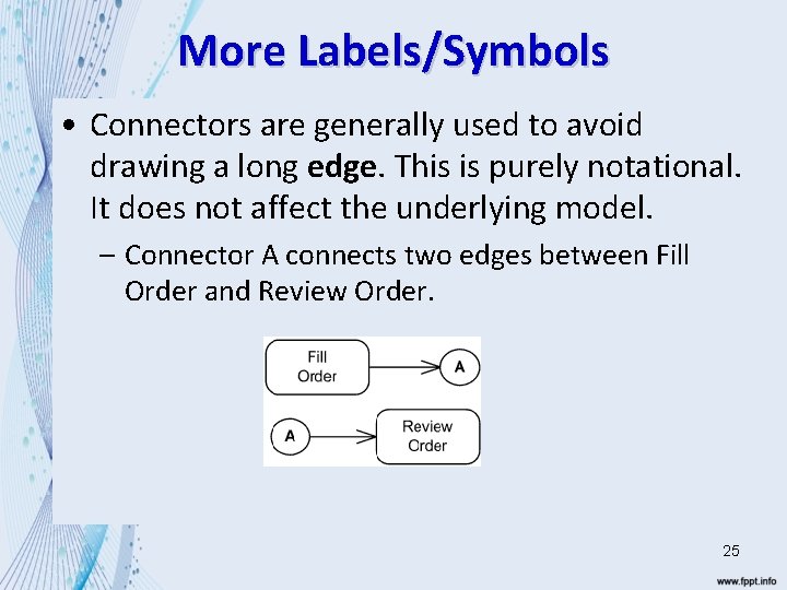 More Labels/Symbols • Connectors are generally used to avoid drawing a long edge. This