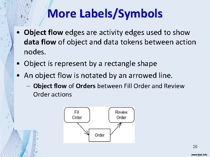 More Labels/Symbols • Object flow edges are activity edges used to show data flow