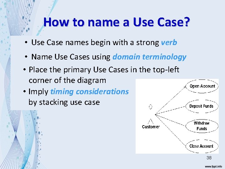 How to name a Use Case? • Use Case names begin with a strong