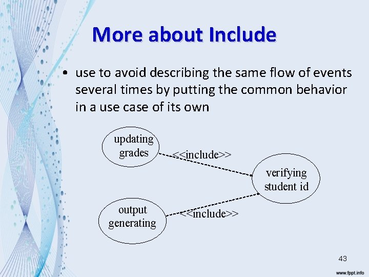 More about Include • use to avoid describing the same flow of events several