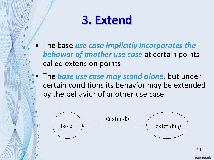 3. Extend • The base use case implicitly incorporates the behavior of another use