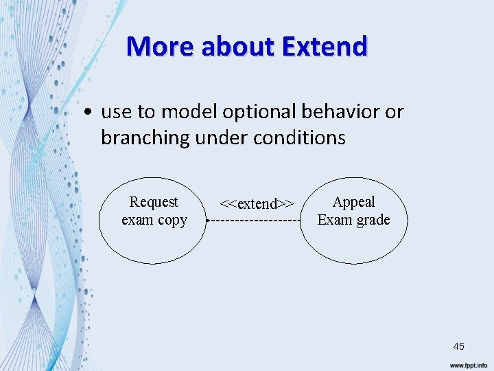 More about Extend • use to model optional behavior or branching under conditions Request