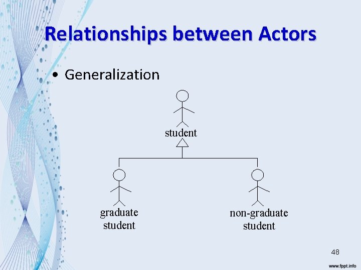 Relationships between Actors • Generalization student graduate student non-graduate student 48 