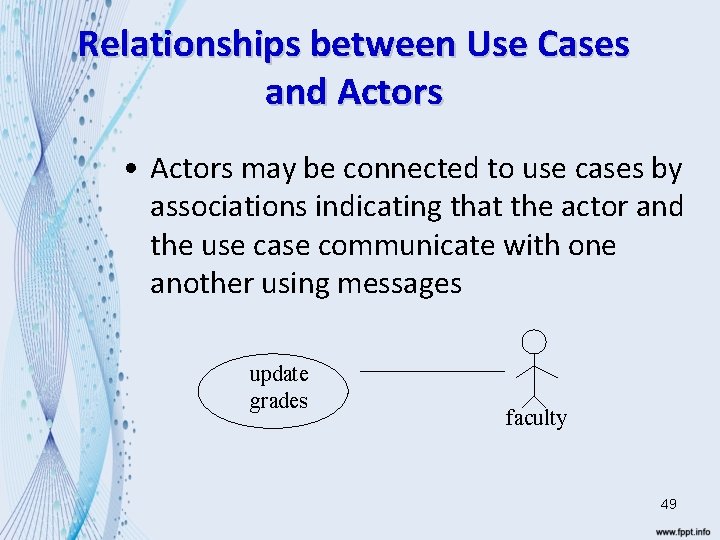 Relationships between Use Cases and Actors • Actors may be connected to use cases