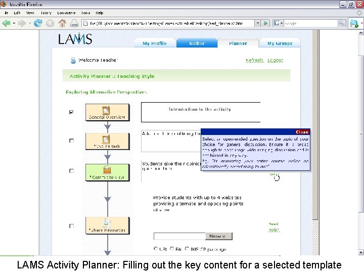 LAMS Activity Planner: Filling out the key content for a selected template 