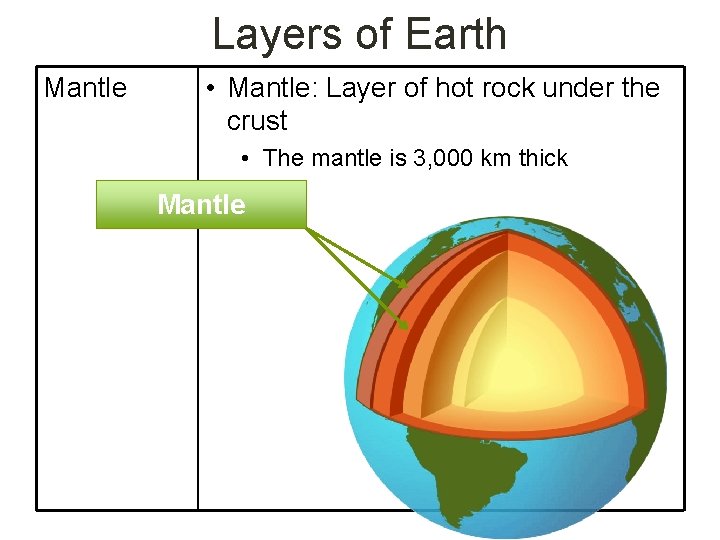 Layers of Earth Mantle • Mantle: Layer of hot rock under the crust •