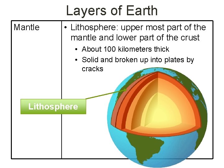 Layers of Earth Mantle • Lithosphere: upper most part of the mantle and lower