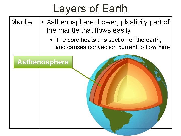 Layers of Earth Mantle • Asthenosphere: Lower, plasticity part of the mantle that flows