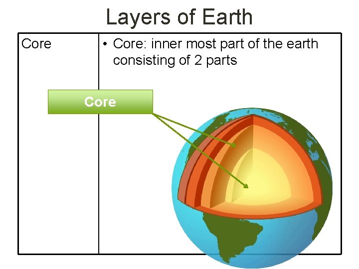 Layers of Earth Core • Core: inner most part of the earth consisting of