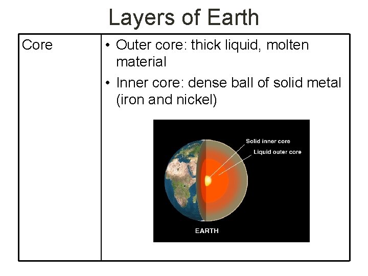 Layers of Earth Core • Outer core: thick liquid, molten material • Inner core: