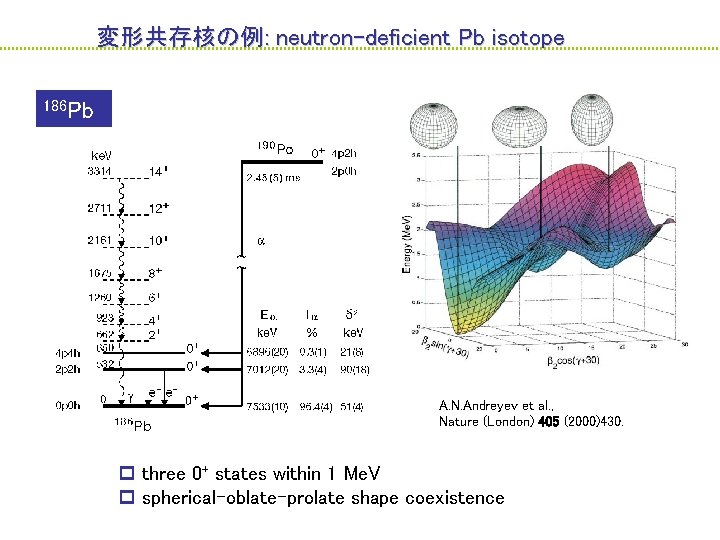 変形共存核の例: neutron-deficient Pb isotope 186 Pb A. N. Andreyev et al. , Nature (London)