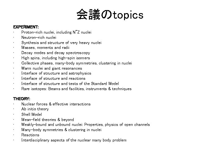 会議のtopics EXPERIMENT: • Proton-rich nuclei, including N~Z nuclei • Neutron-rich nuclei • Synthesis and