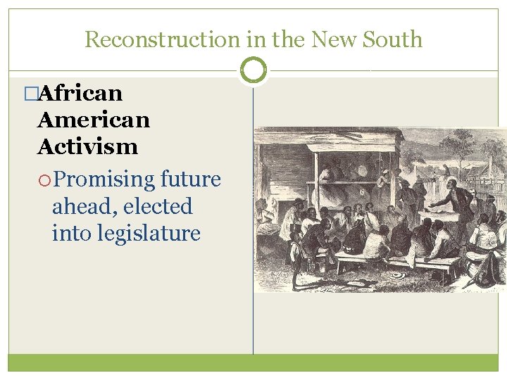 Reconstruction in the New South �African American Activism Promising future ahead, elected into legislature