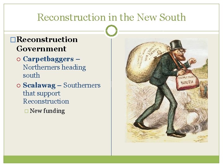 Reconstruction in the New South �Reconstruction Government Carpetbaggers – Northerners heading south Scalawag –