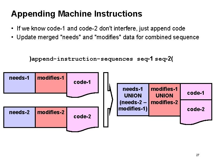 Appending Machine Instructions • If we know code-1 and code-2 don't interfere, just append