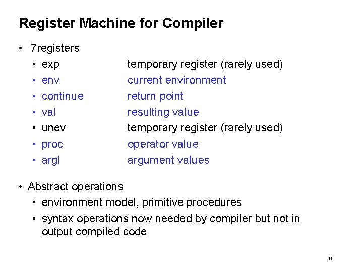 Register Machine for Compiler • 7 registers • exp • env • continue •