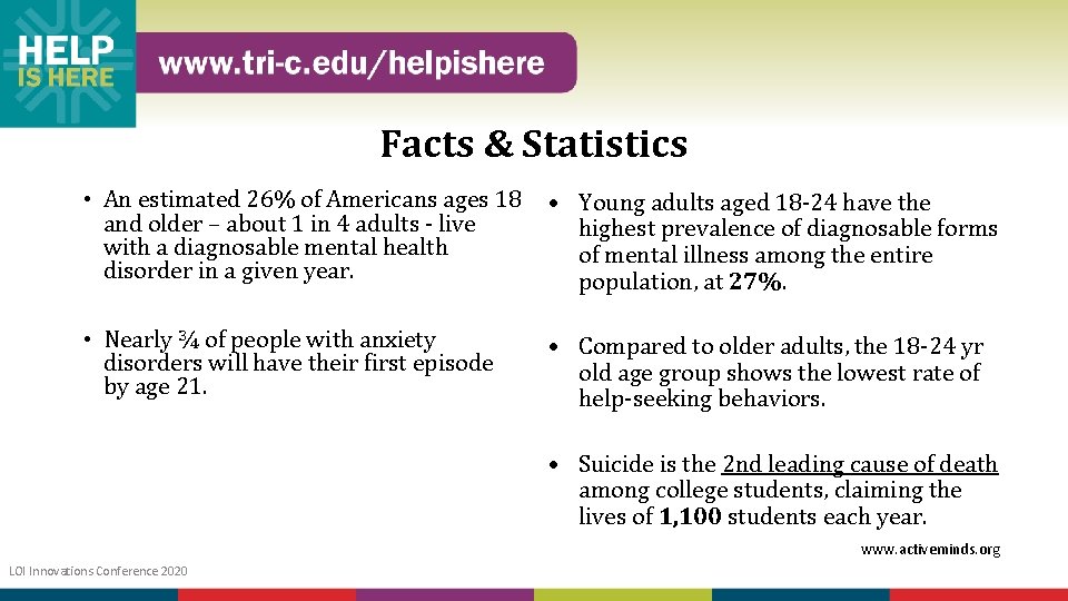 Facts & Statistics • An estimated 26% of Americans ages 18 • and older