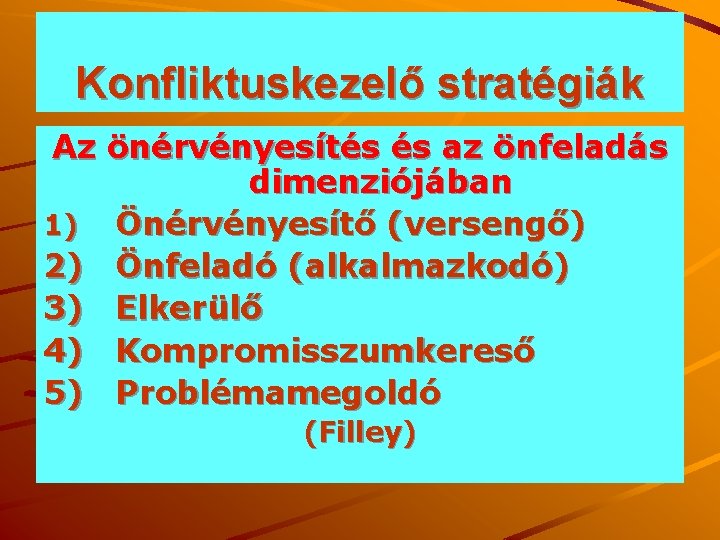 Konfliktuskezelő stratégiák Az önérvényesítés és az önfeladás dimenziójában 1) Önérvényesítő (versengő) 2) Önfeladó (alkalmazkodó)