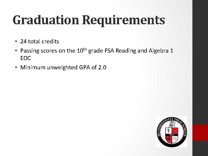 Graduation Requirements • 24 total credits • Passing scores on the 10 th grade