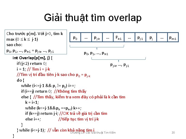 Giải thuật tìm overlap Cho trước p[m]. Với j>0, tìm k max (0 k