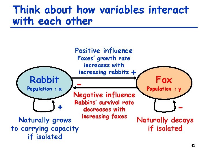 Think about how variables interact with each other Positive influence Rabbit Population : x