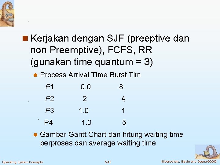 n Kerjakan dengan SJF (preeptive dan non Preemptive), FCFS, RR (gunakan time quantum = n Kerjakan dengan SJF (preeptive dan non Preemptive), FCFS, RR (gunakan time quantum =