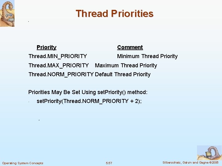 Thread Priorities Priority Comment Thread. MIN_PRIORITY Thread. MAX_PRIORITY Minimum Thread Priority Maximum Thread Priority