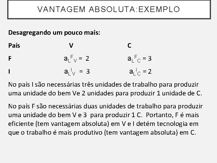 VANTAGEM ABSOLUTA: EXEMPLO Desagregando um pouco mais: País V C F a. LFV = VANTAGEM ABSOLUTA: EXEMPLO Desagregando um pouco mais: País V C F a. LFV =