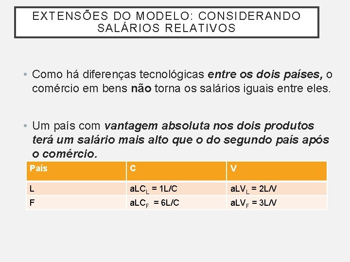 EXTENSÕES DO MODELO: CONSIDERANDO SALÁRIOS RELATIVOS • Como há diferenças tecnológicas entre os dois EXTENSÕES DO MODELO: CONSIDERANDO SALÁRIOS RELATIVOS • Como há diferenças tecnológicas entre os dois
