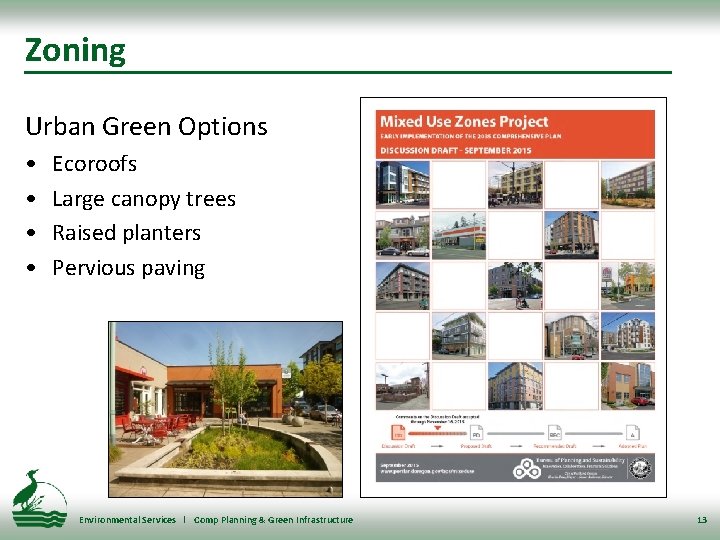 Zoning Urban Green Options • • Ecoroofs Large canopy trees Raised planters Pervious paving