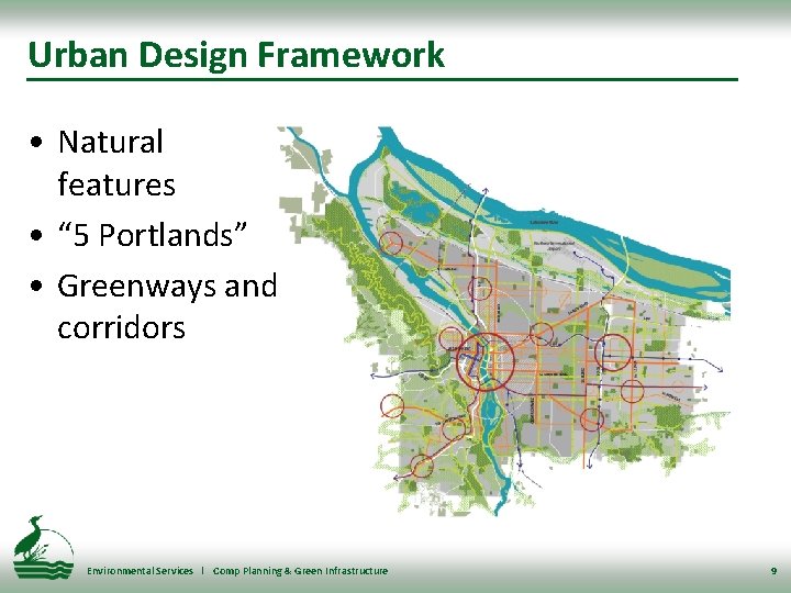 Urban Design Framework • Natural features • “ 5 Portlands” • Greenways and corridors