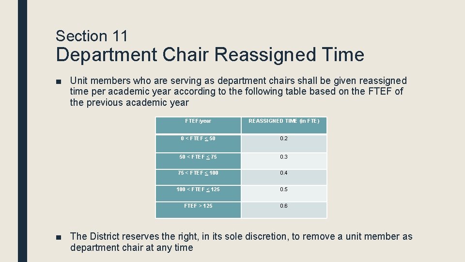 Section 11 Department Chair Reassigned Time ■ Unit members who are serving as department