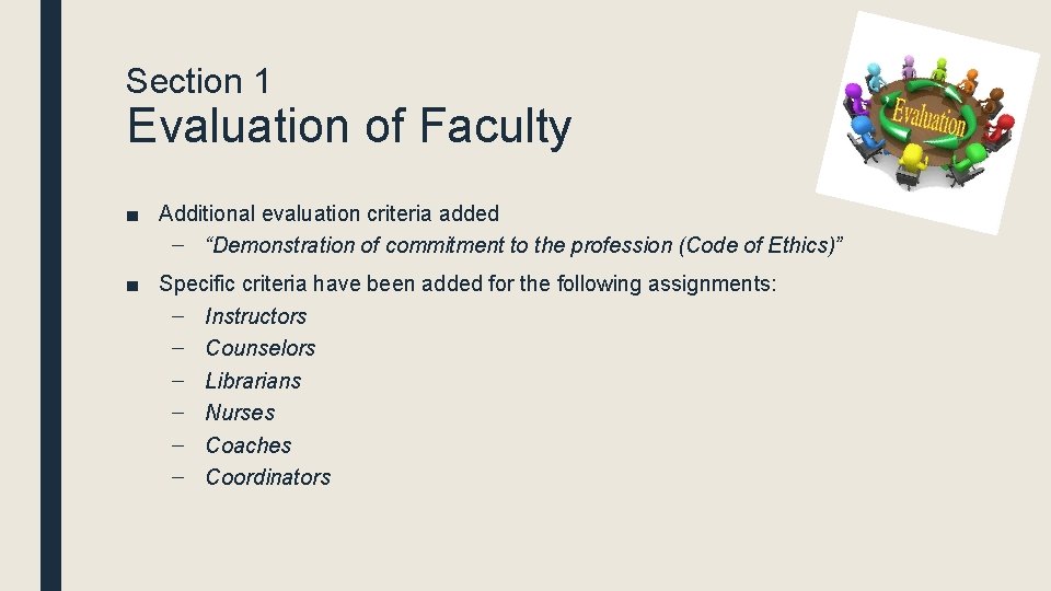 Section 1 Evaluation of Faculty ■ Additional evaluation criteria added – “Demonstration of commitment