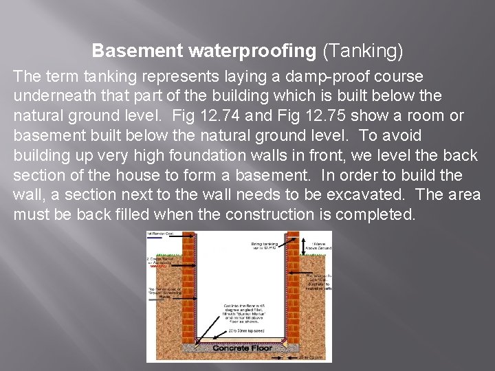 Basement waterproofing (Tanking) The term tanking represents laying a damp-proof course underneath that