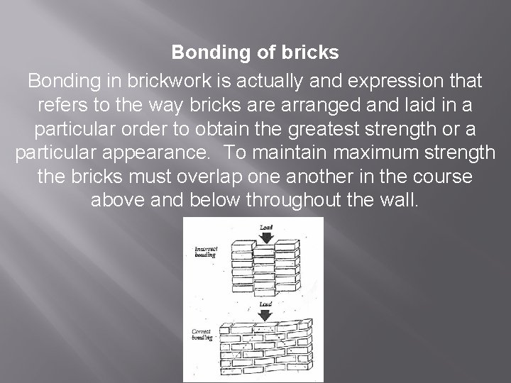 Bonding of bricks Bonding in brickwork is actually and expression that refers to the