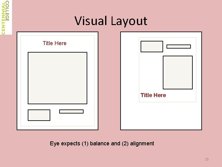 Visual Layout Title Here Eye expects (1) balance and (2) alignment 15 