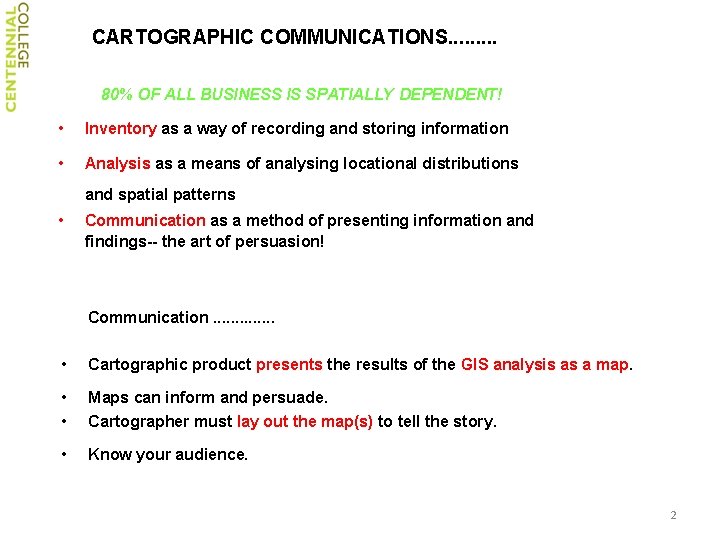 CARTOGRAPHIC COMMUNICATIONS. . 80% OF ALL BUSINESS IS SPATIALLY DEPENDENT! • Inventory as a