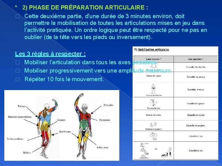* 2) PHASE DE PRÉPARATION ARTICULAIRE : � Cette deuxième partie, d’une durée de