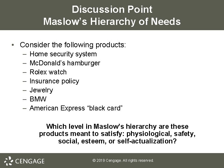 Discussion Point Maslow’s Hierarchy of Needs • Consider the following products: – – –