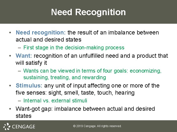 Need Recognition • Need recognition: the result of an imbalance between actual and desired